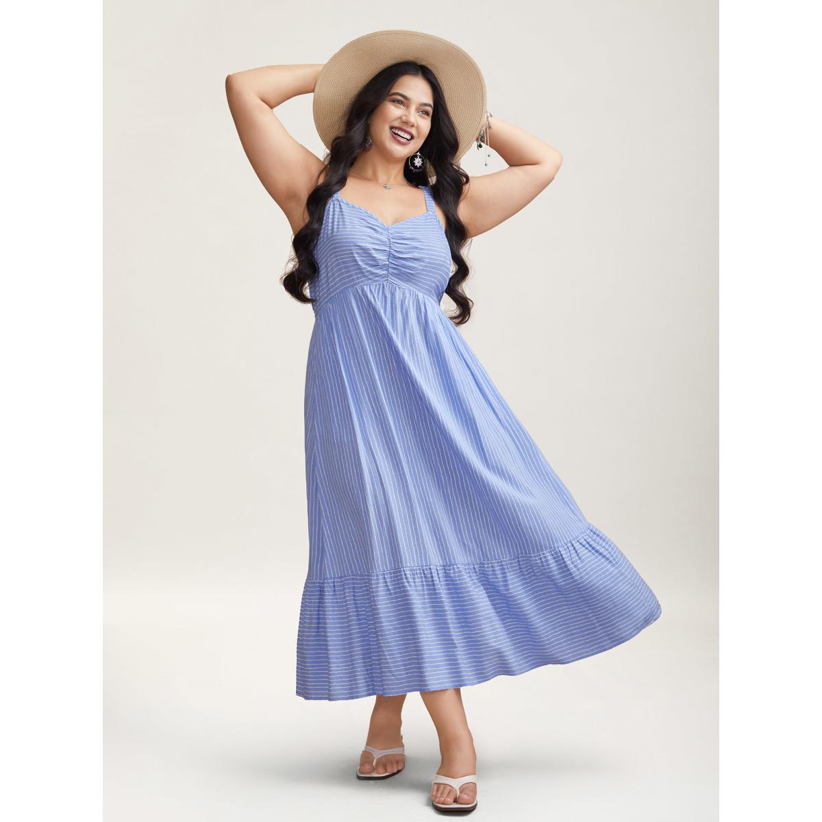 Plus Size Striped Smocked Tiered Maxi Dress LightBlue Women Resort Gathered V-neck Sleeveless Curvy BloomChic 10/M Product Image