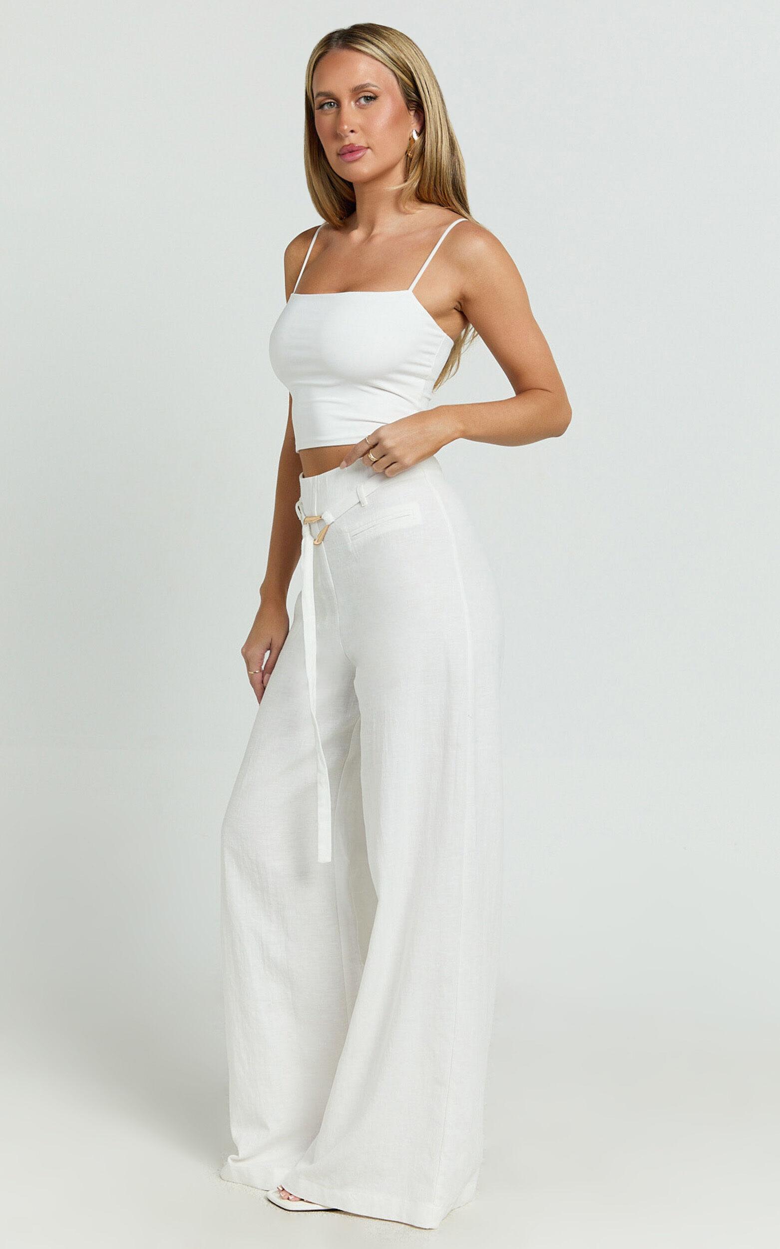Kyra Pants - Linen Look Belted Wide Leg Pants in White Product Image
