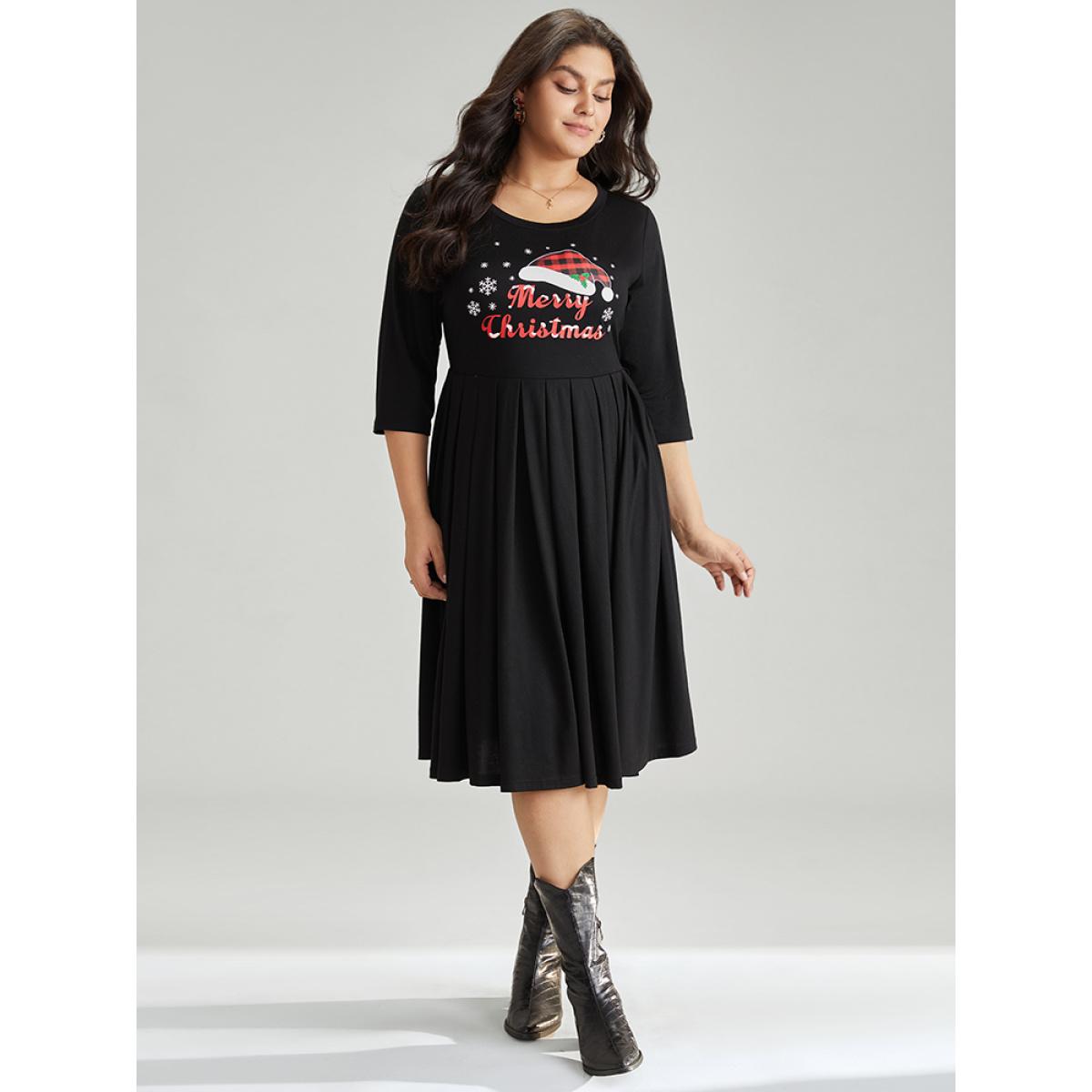 Plus Size Christmas Print Plicated Detail Elastic Waist Dress Black Women Casual Printed Curvy Midi Dress BloomChic 10/M Product Image