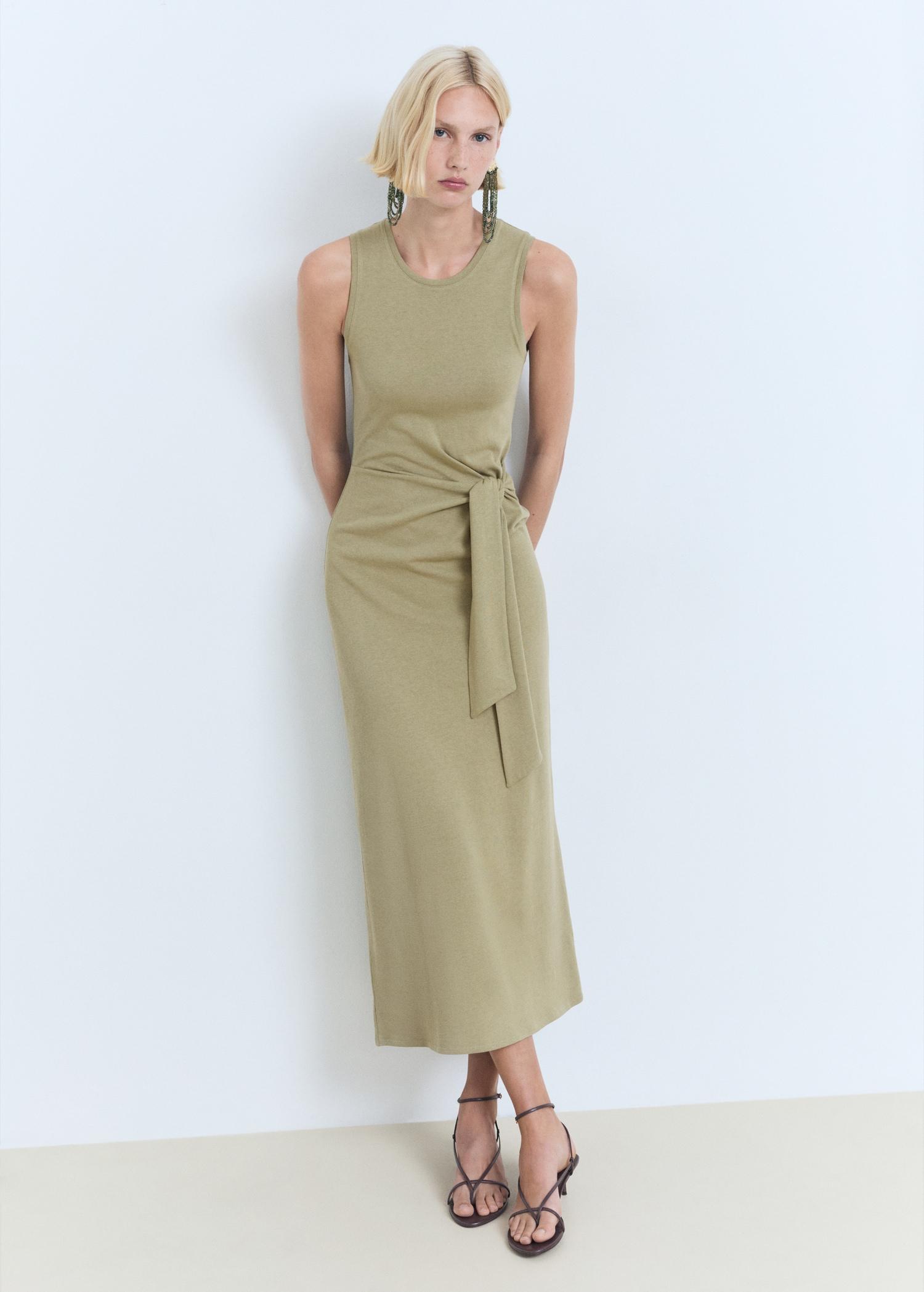 Cotton midi-dress with knot detail - Women | MANGO USA Product Image