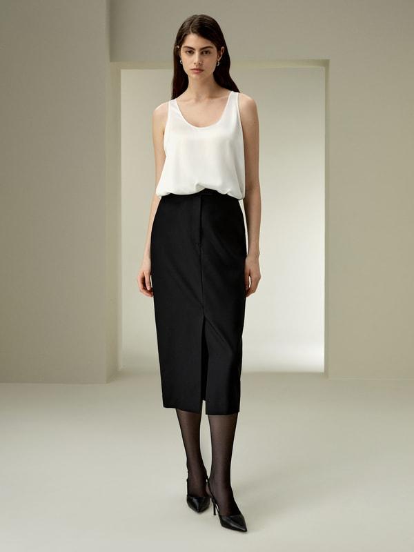 LILYSILK Wool Skirt - Female - Black Silk and Wool - Delicate Elastic Back Waist Skirt 6 Product Image