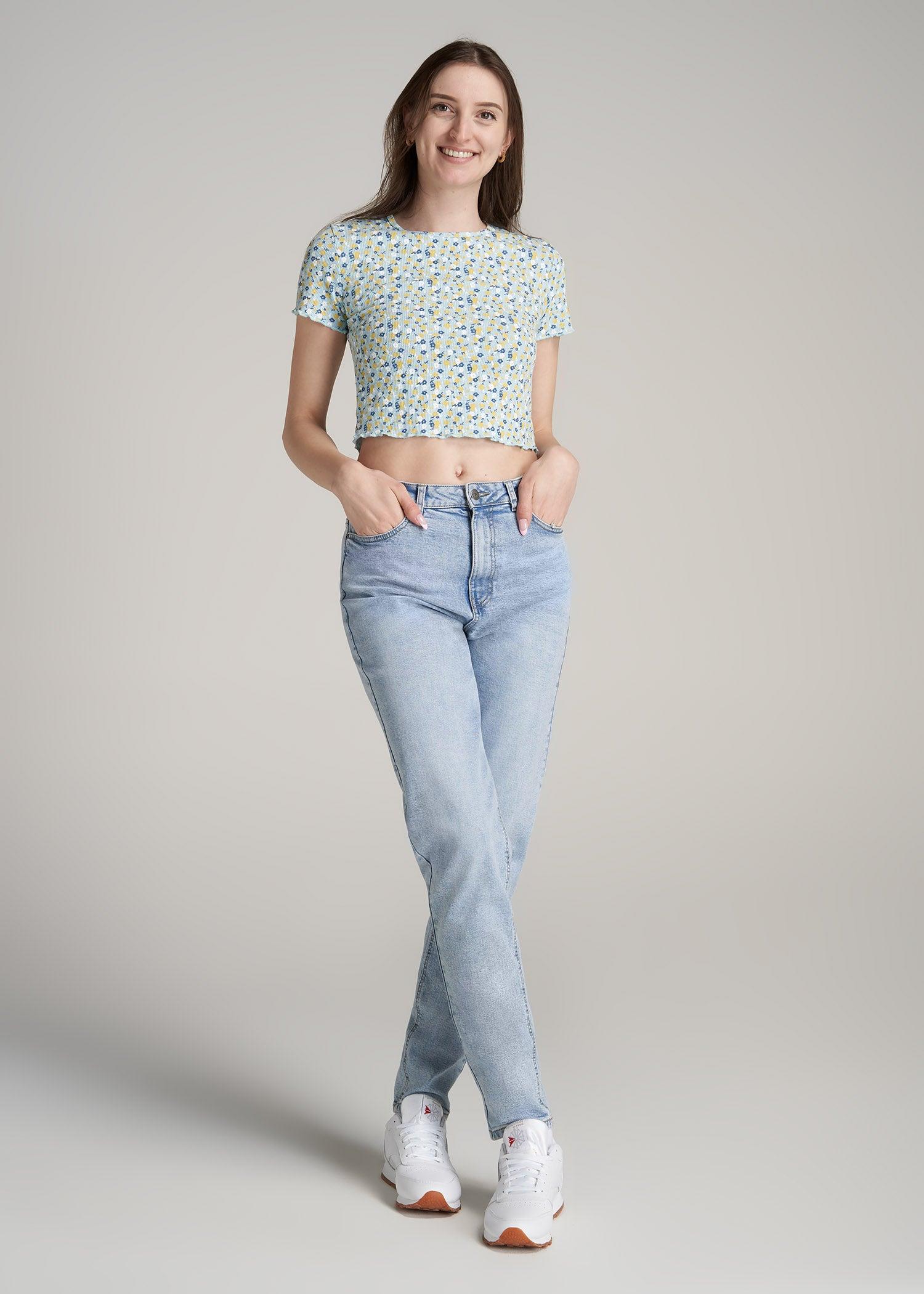 Cropped Waffle Tee for Tall Women in Corydalis Blue Floral Female Product Image