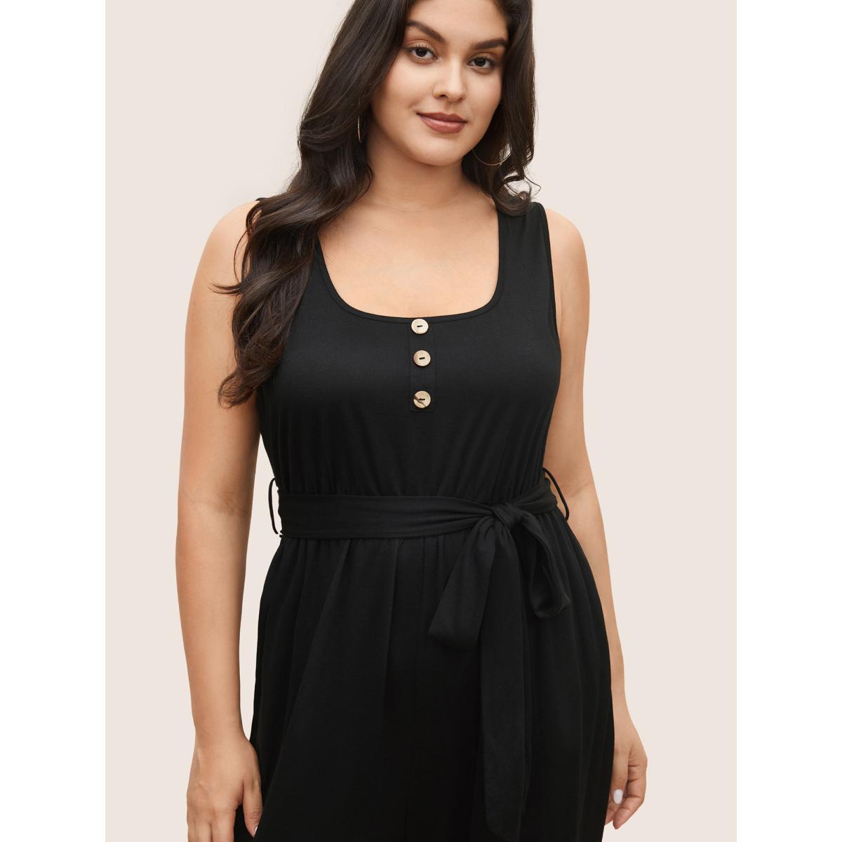 Plus Size Black Supersoft Essentials Plain Button Detail Belted Jumpsuit Women Leisure Sleeveless Non Casual Loose Jumpsuits BloomChic 10/M Product Image