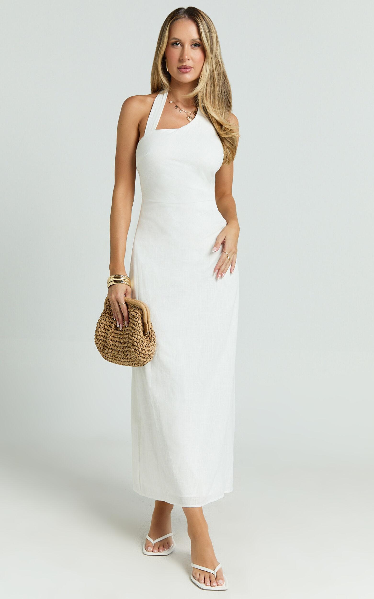 Lindley Midi Dress - Halter Neck Linen Look Dress in White Product Image