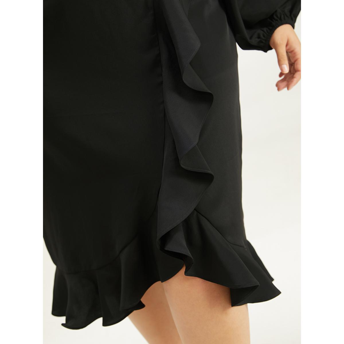 Plus Size Anti-Wrinkle Square Neck Ruffle Trim Wrap Hem Dress Black Women Glamour Elastic cuffs Square Neck Long Sleeve Curvy Midi Dress BloomChic 30/6X Product Image