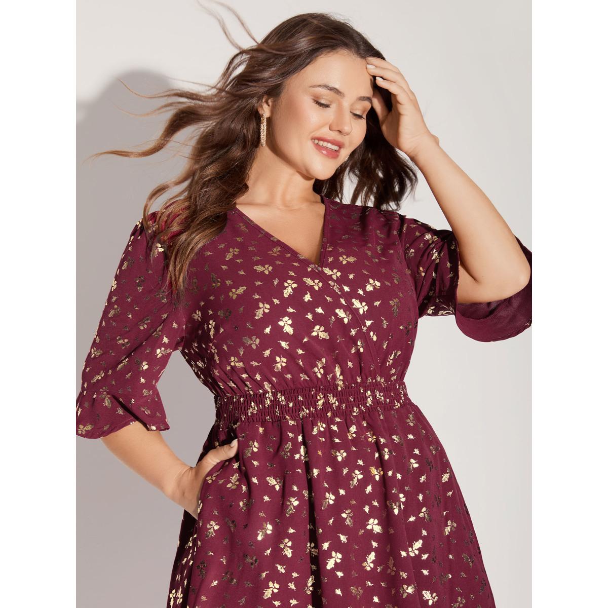 Plus Size Gold-Foil Shimmery Shirred-Waist Midi Dress Scarlet Women Overlapping Overlap Collar Half Sleeve Curvy BloomChic 28/5X Product Image