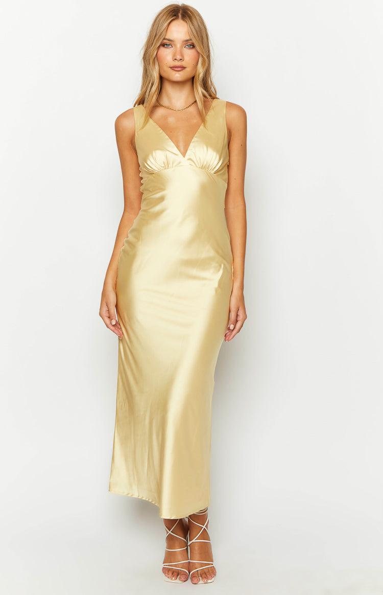 Verlaine Yellow Satin Maxi Dress Product Image