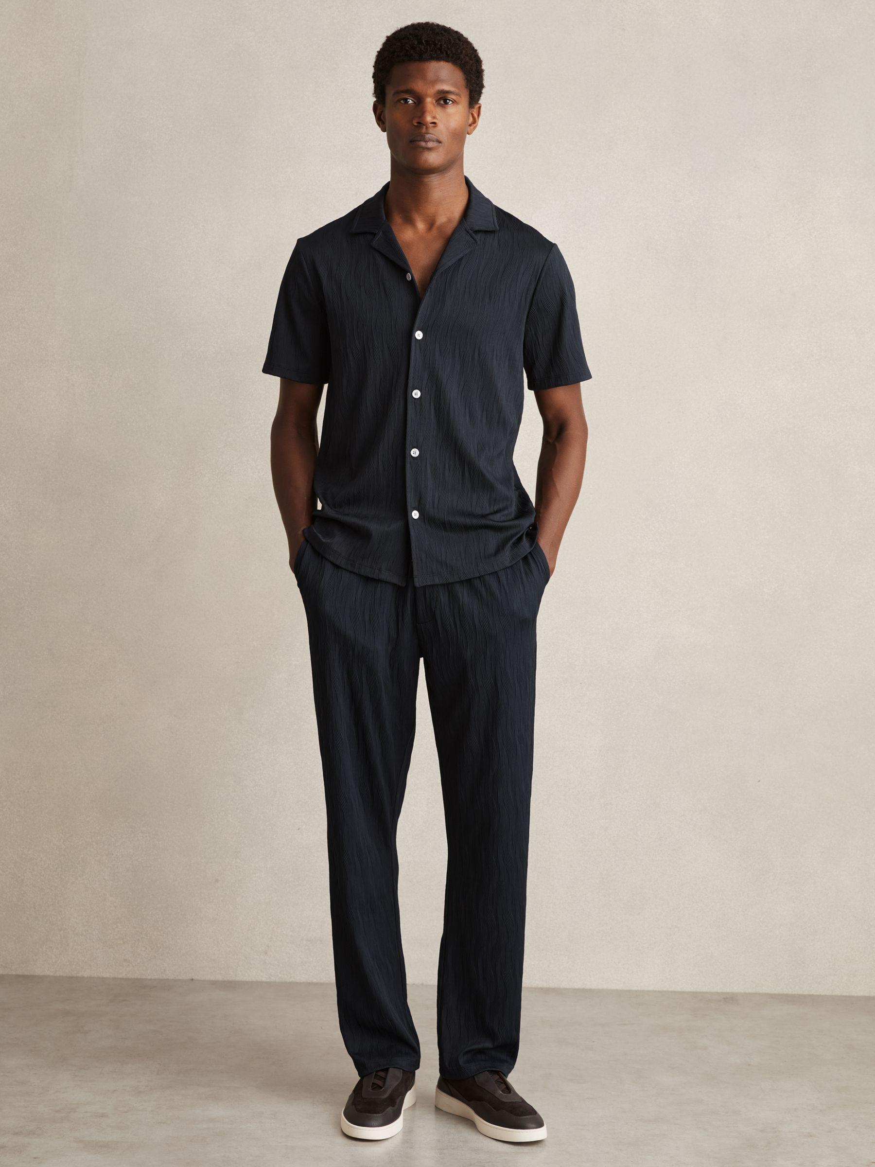 Wave-Jacquard Cuban-Collar Shirt in Navy Product Image