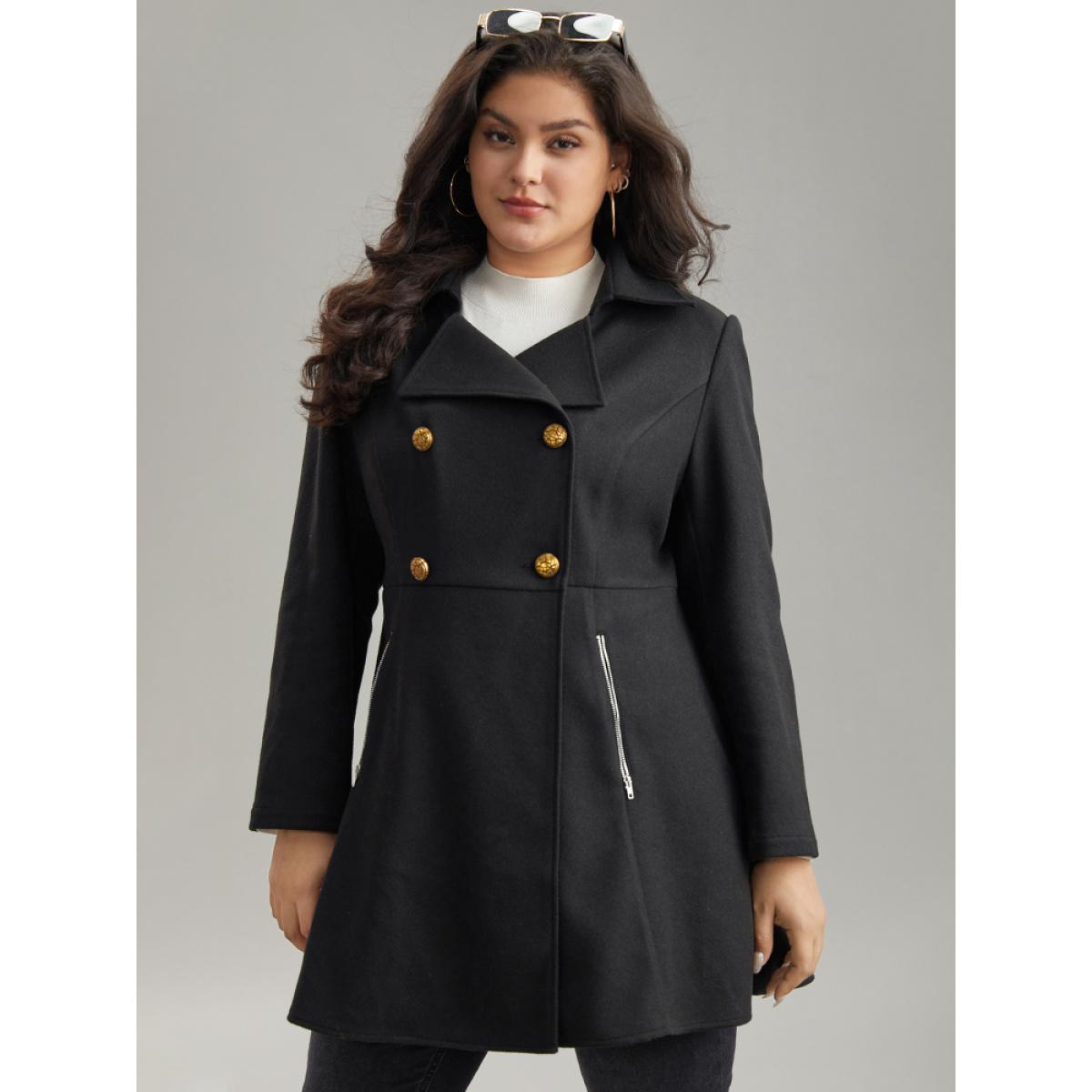 Plus Size Lapel Collar Metal Detail Zipper Pocket Coat Women Black Casual Plain Ladies Dailywear Winter Coats BloomChic 14-16/1X Product Image