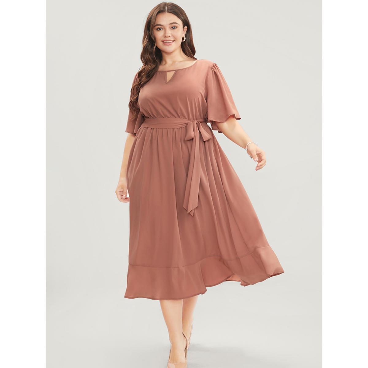 Plus Size Solid Keyhole Round Neck Pocket Belted Flutter Dress Salmon Women Office Belted Round Neck Half Sleeve Curvy Midi Dress BloomChic 30/6X Product Image