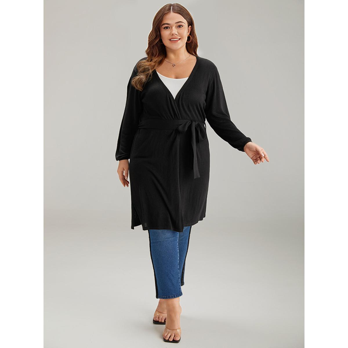 Plus Size Supersoft Essentials Ties Open Front Split Side Cardigan Black Women Casual Loose Long Sleeve Everyday Cardigans BloomChic 30/6X Product Image