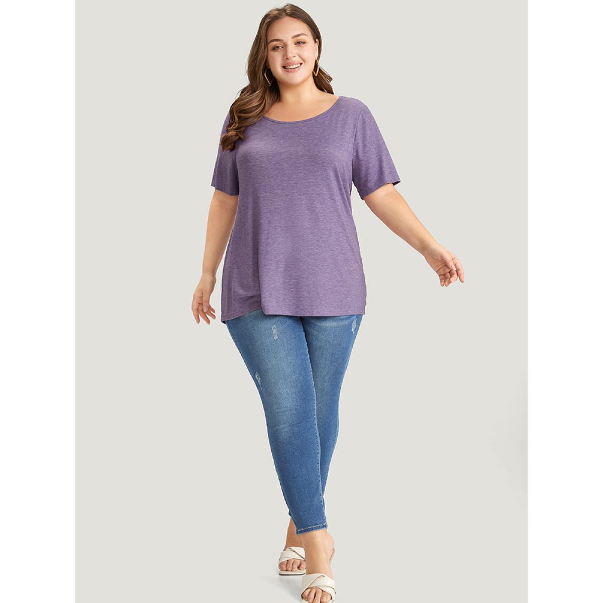 Plus Size Plain Contrast Lace Heather T-shirt Mauve Women Elegant Heather Plain Round Neck Dailywear T-shirts BloomChic 30/6X Product Image