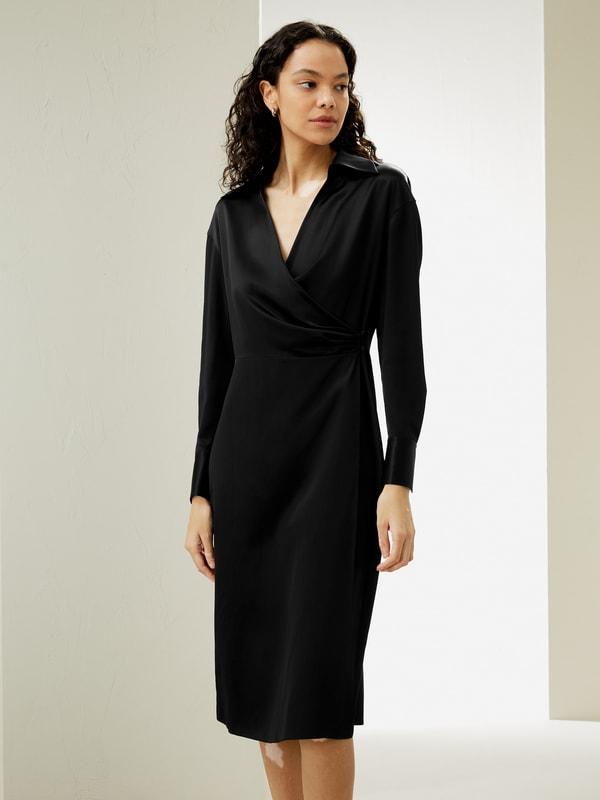 Collared Silk Wrap Dress Product Image