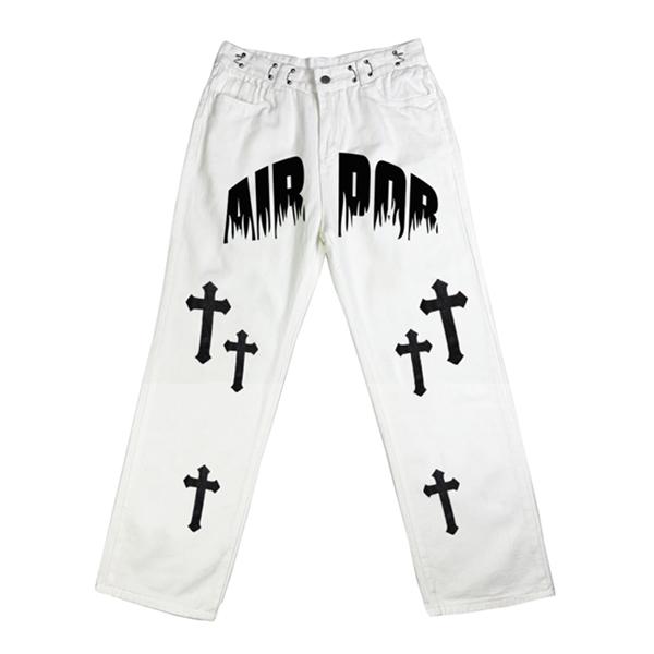 Men's White Wash Cross Pattern Straight Leg Jeans Product Image