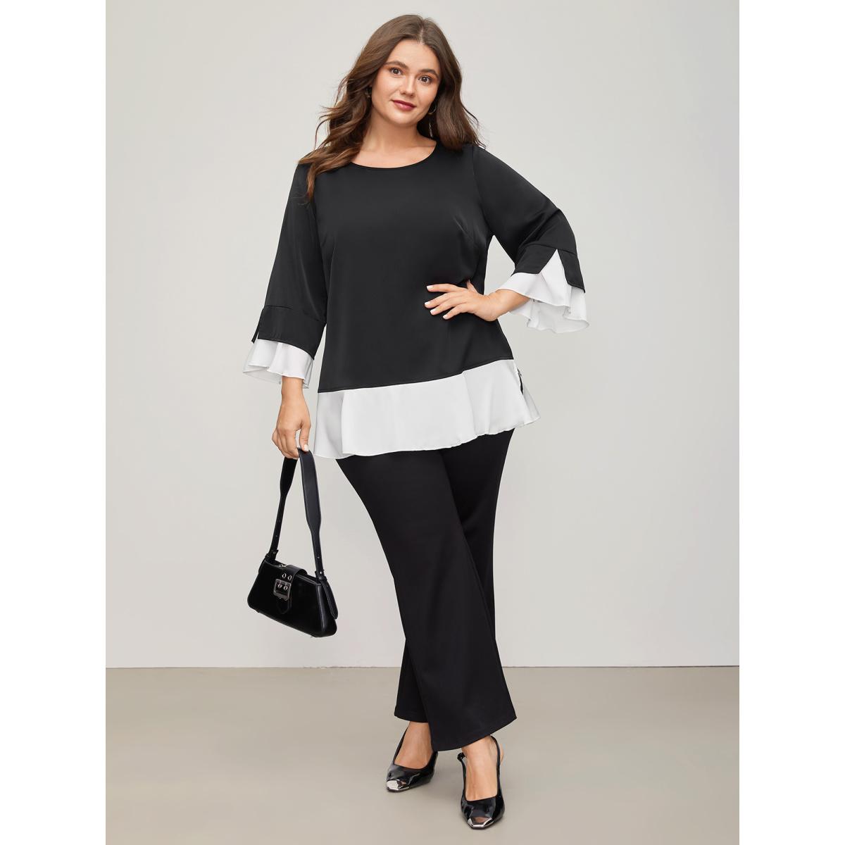 Plus Size Black Contrast Patchwork Bell Sleeve Blouse Women Romantic Elbow-length sleeve Round Neck Elegant Blouses BloomChic 10/M Product Image