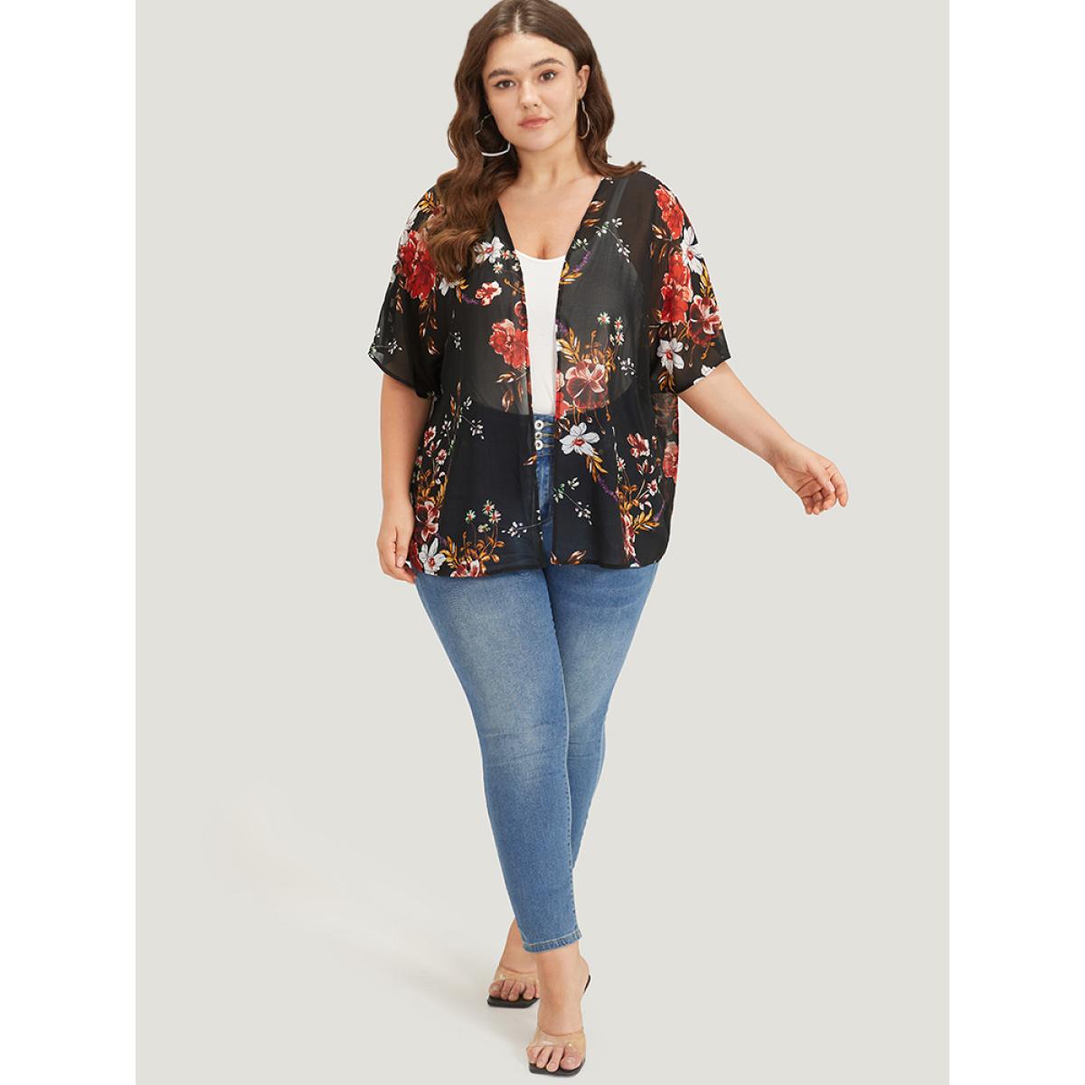 Plus Size Floral Print Mesh Dolman Sleeve Kimono Women BlackFlower Elegant See through Loose Dailywear Kimonos BloomChic 26/4X Product Image