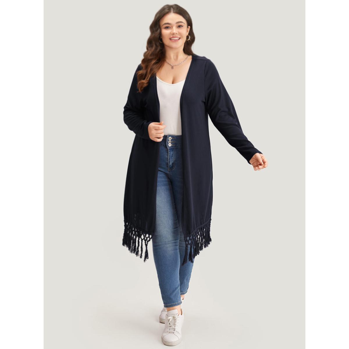 Plus Size Plain Patchwork Open Front Tassel Trim Kimono Women DarkBlue Casual Tassels Dailywear Kimonos BloomChic 18-20/2X Product Image