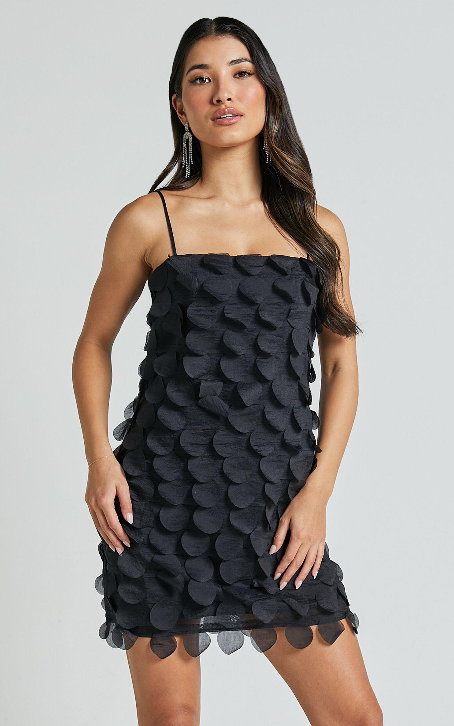 Leah Mini Dress - Strappy 3D Floral Cami Dress in Black Product Image