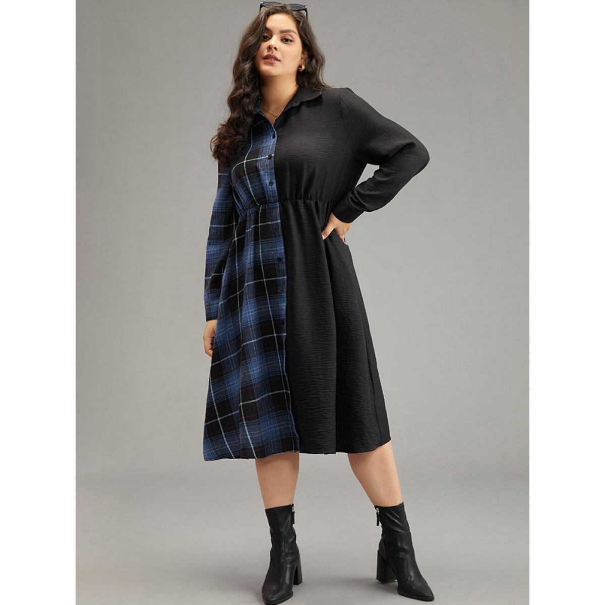 Plus Size Plaid Patchwork Button Through Pocket Dress Multicolor Women Office Contrast Shirt collar Long Sleeve Curvy Midi Dress BloomChic 22-24/3X Product Image