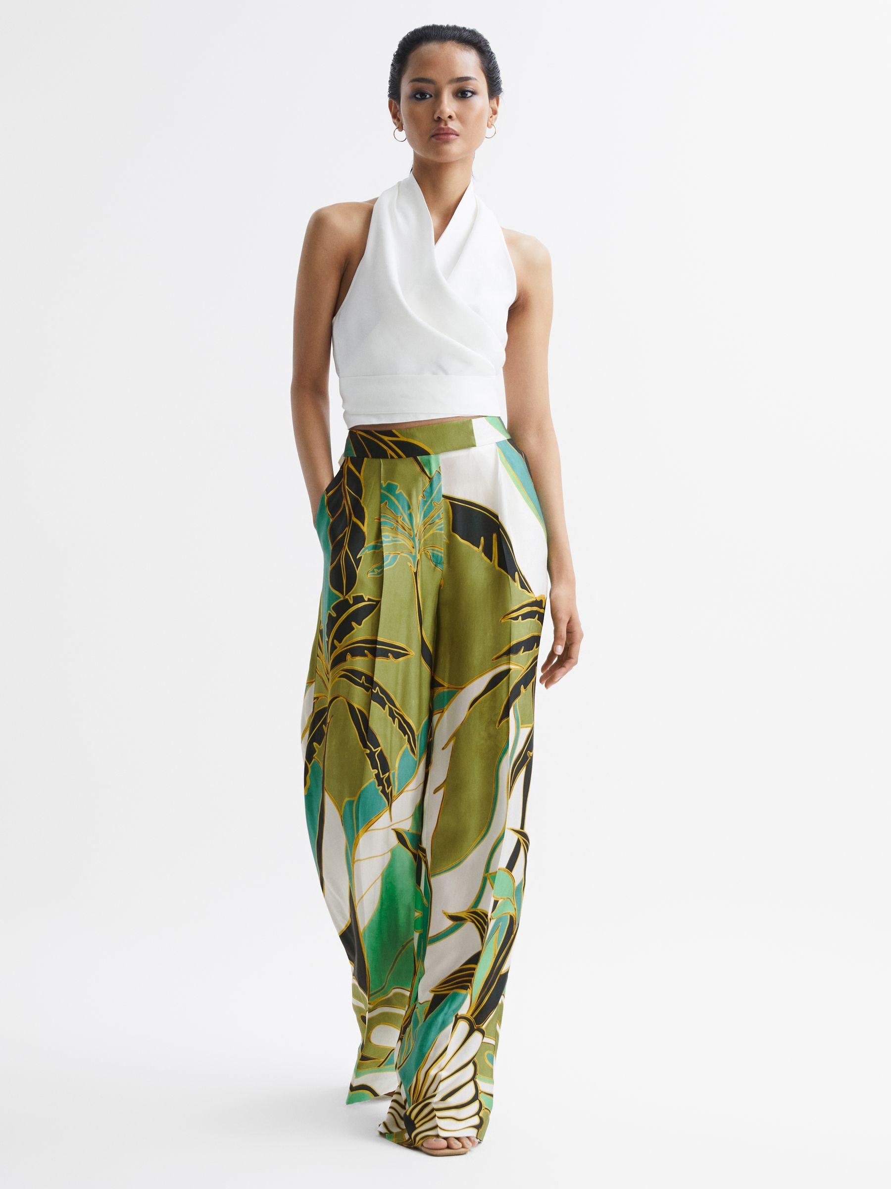 Wide Leg Mid Rise Printed Trousers in Green Print Product Image