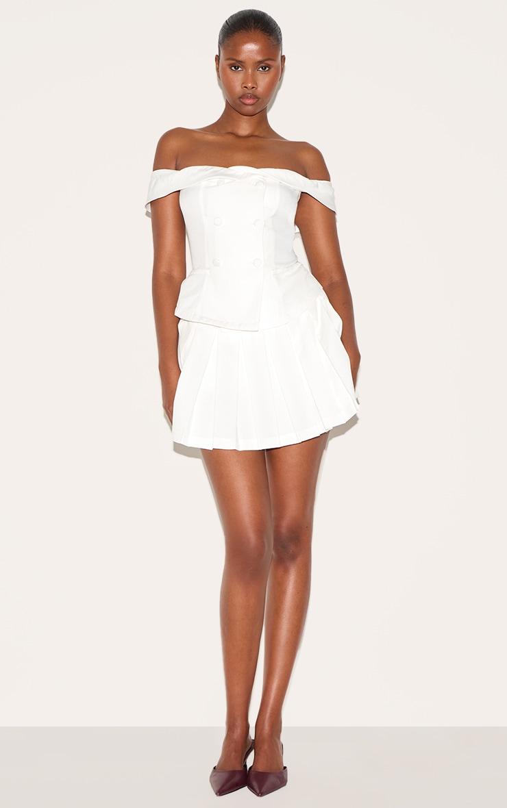 White Tailored Button Detail Bardot Pleated Skort Romper Product Image
