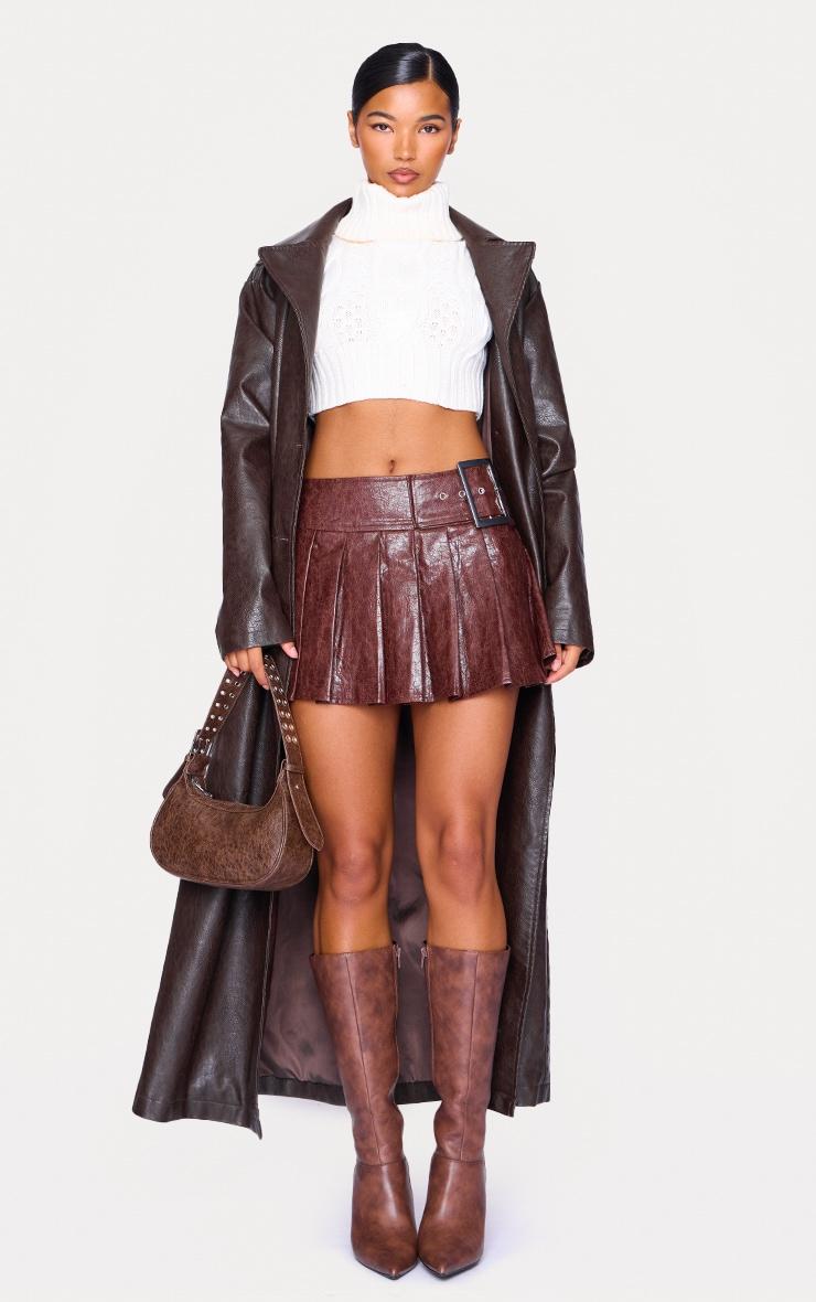 Burgundy Faux Leather Belt Pleated Mini Skirt Product Image
