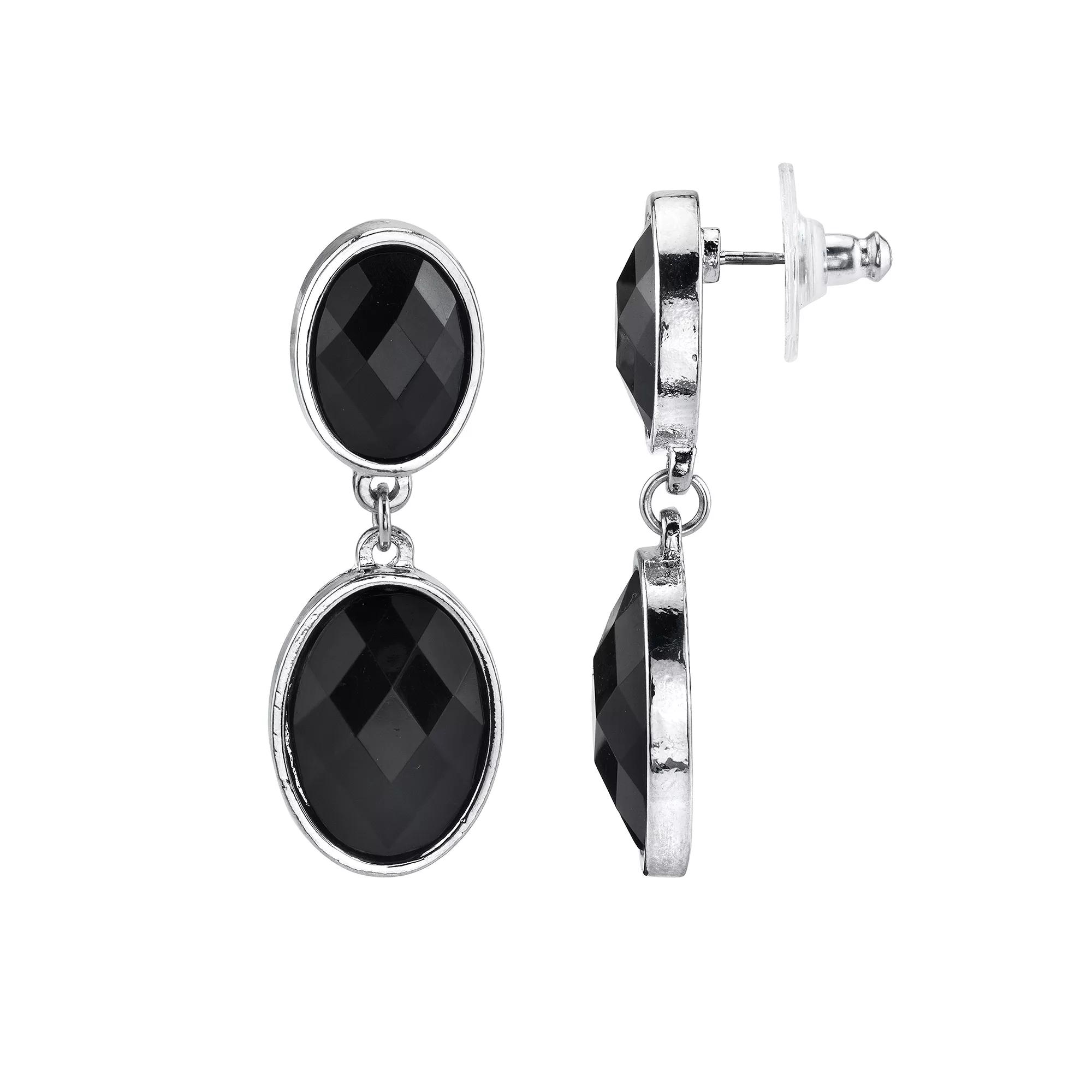 1928 Jewelry Silver Tone Black Faceted Drop Earrings, Women's Product Image