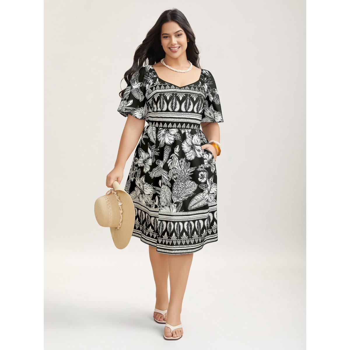 Plus Size Boho Print Fit Flare Pockets Midi Dress Black Women Resort Non Heart neckline Short sleeve Curvy BloomChic 22-24/3X Product Image