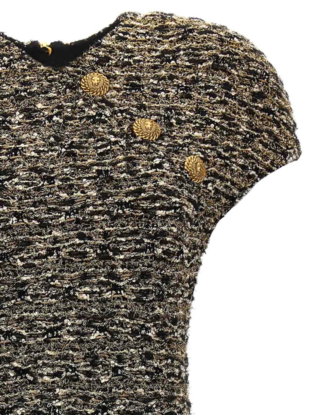 BALMAIN Button-embellished Metallic Bouclé-tweed Mini Dress In Black Gold Product Image