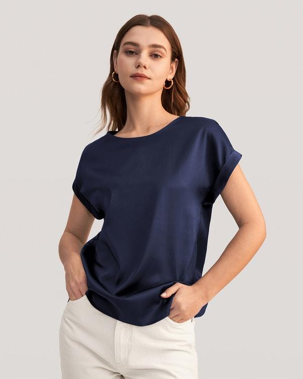 LILYSILK Women Silk Tee Shirts Black Quality Stretchy Silk Soft Classic Round Neck Rolled Cuffs Silk Top XS Product Image