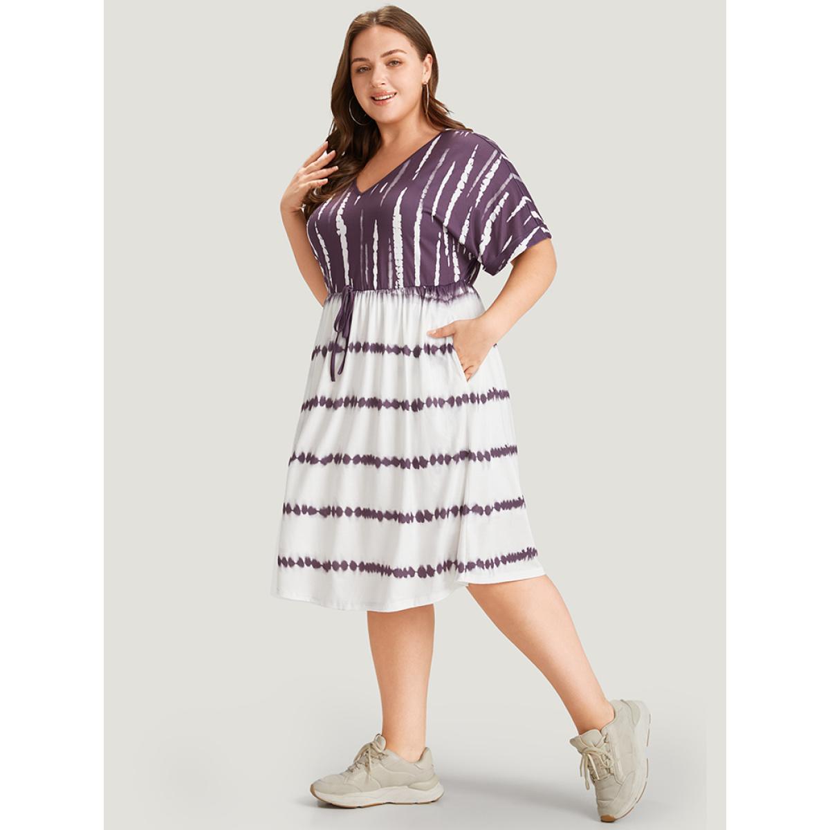 Plus Size Tie Dye Batwing Sleeve Pocket Knot Front Dress Mauve Women Casual Lined V-neck Short sleeve Curvy Midi Dress BloomChic 26/4X Product Image