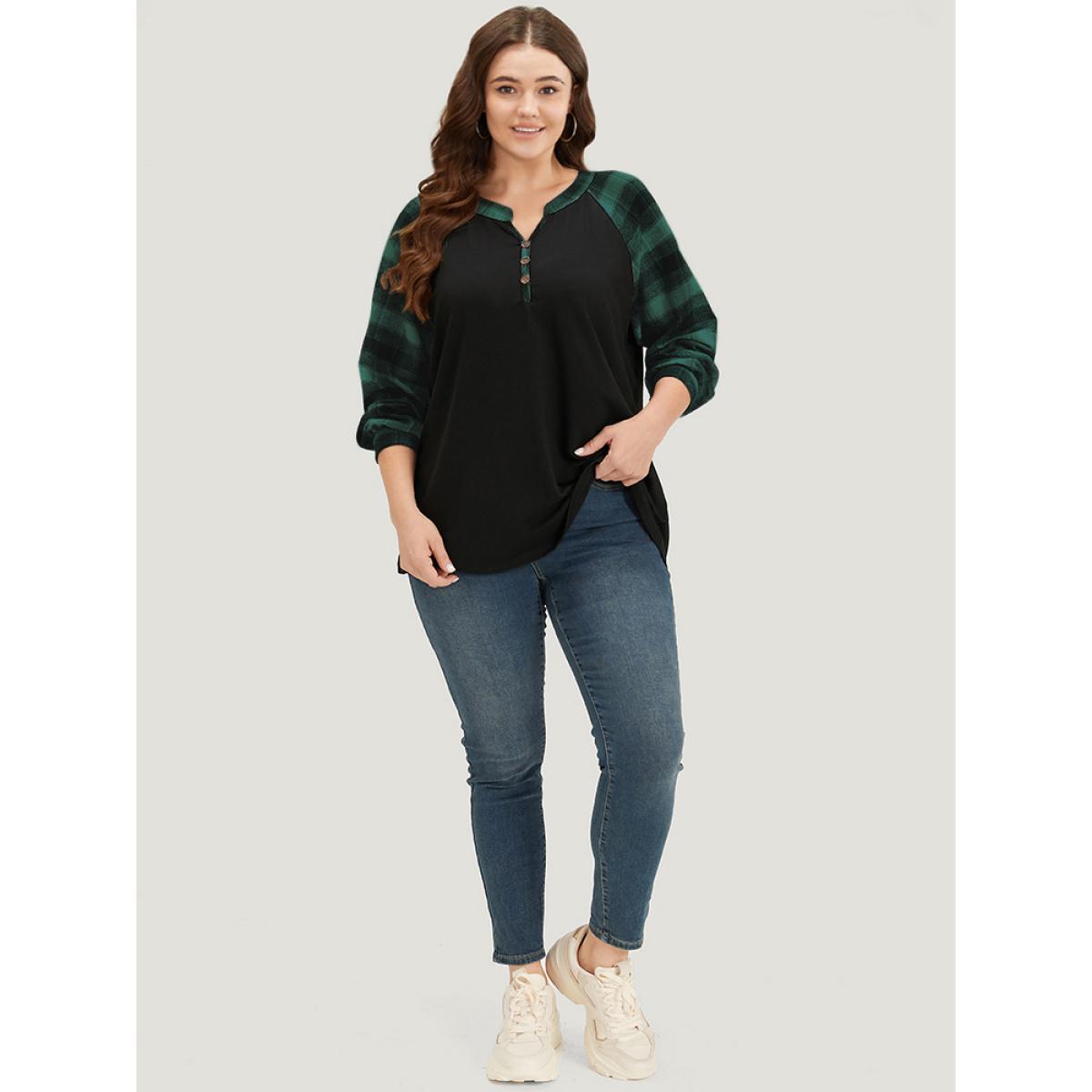 Plus Size Plaid Patchwork Notched Button Detail Sweatshirt Women Green Casual Patchwork Notched collar Everyday Sweatshirts BloomChic 12/L Product Image