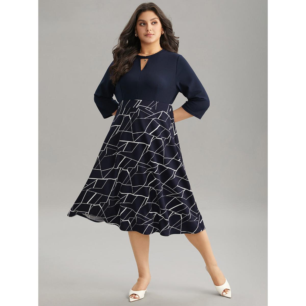 Plus Size Geometric Contrast Keyhole Elastic Waist Dress Indigo Women Office Contrast Keyhole Cut-Out Elbow-length sleeve Curvy Midi Dress BloomChic 30/6X Product Image