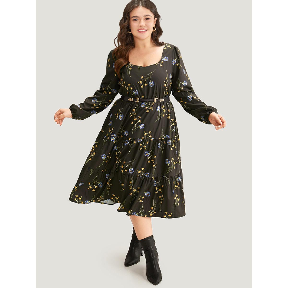 Plus Size Floral Print Ruffle Hem Elastic Cuffs Dress Black Women Elegant Elastic cuffs Square Neck Long Sleeve Curvy Midi Dress BloomChic 30/6X Product Image