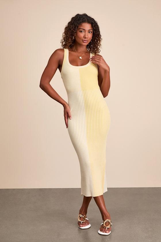 Radiant Personality Yellow Color Block Ribbed Knit Midi Dress Product Image