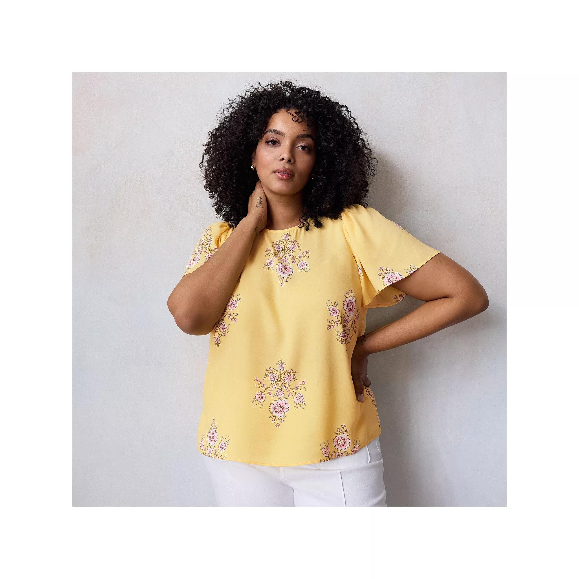 Plus Size LC Lauren Conrad Flutter Sleeve Woven Top, Women's, Size: 2XL, Yellow Lexi Wallpaper Product Image