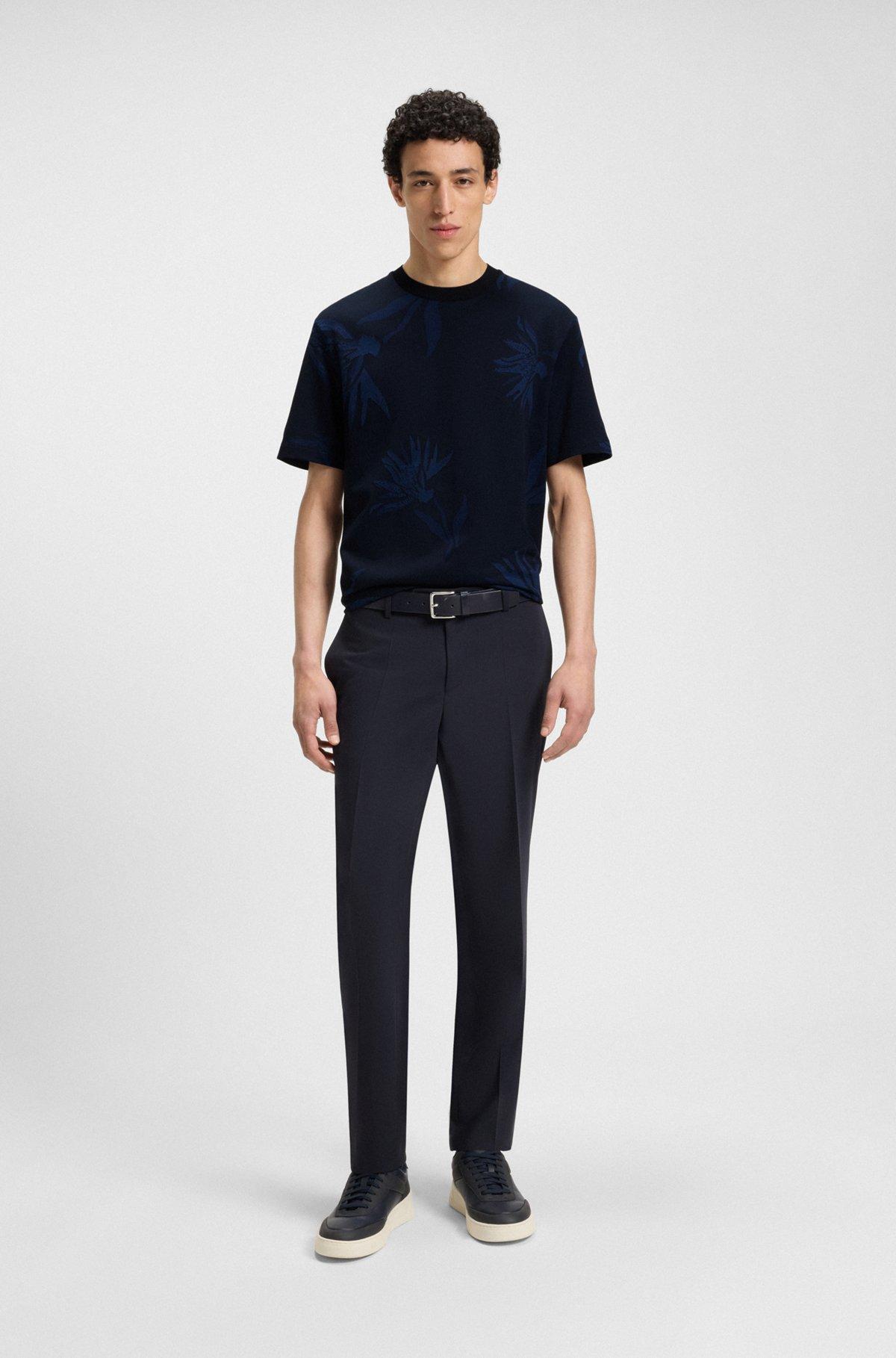 BOSS - Mercerized-cotton T-shirt with floral jacquard - Dark Blue Product Image