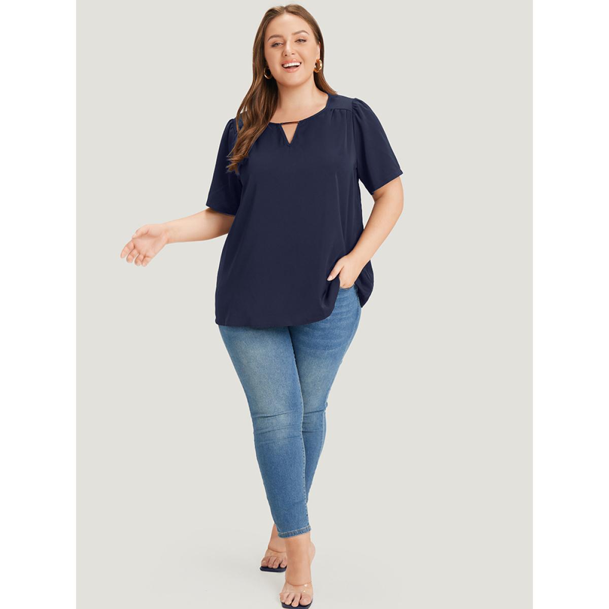 Plus Size Indigo Anti-Wrinkle Plain Metal Detail Keyhole Neck Blouse Women Office Short sleeve V-neck Office Blouses BloomChic 14-16/1X Product Image