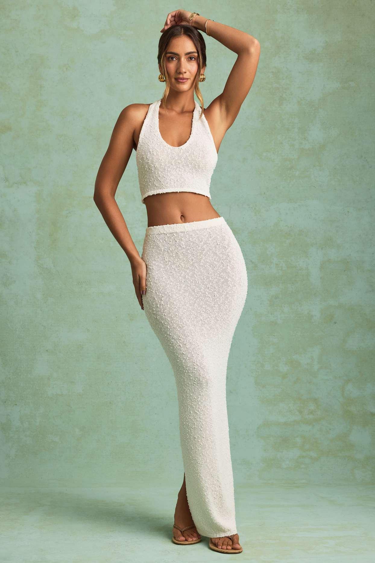 Bouclé Mid-Rise Maxi Skirt in White Product Image
