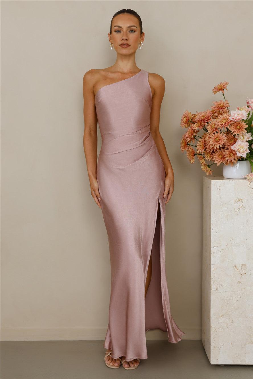 The Aurora One Shoulder Satin Maxi Dress Dusty Pink Product Image