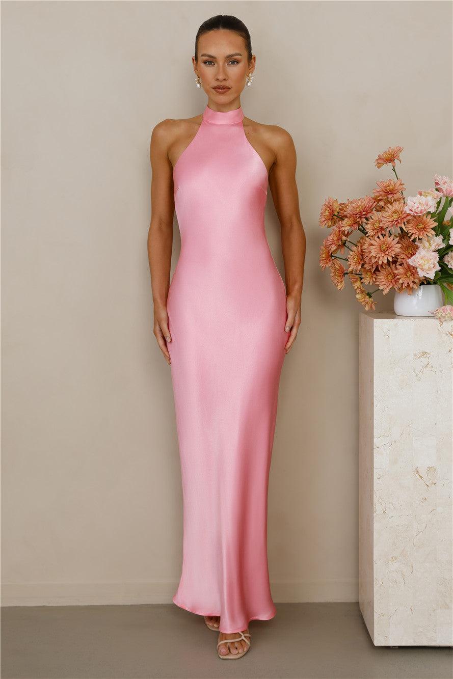 The Cleo Halter Satin Maxi Dress Candy Product Image
