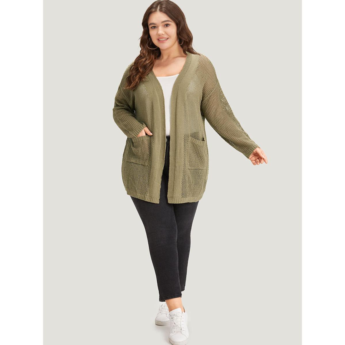 Plus Size Solid Patched Pocket Open Front Patchwork Cardigan Olive Women Casual Loose Long Sleeve Everyday Cardigans BloomChic 10/M Product Image