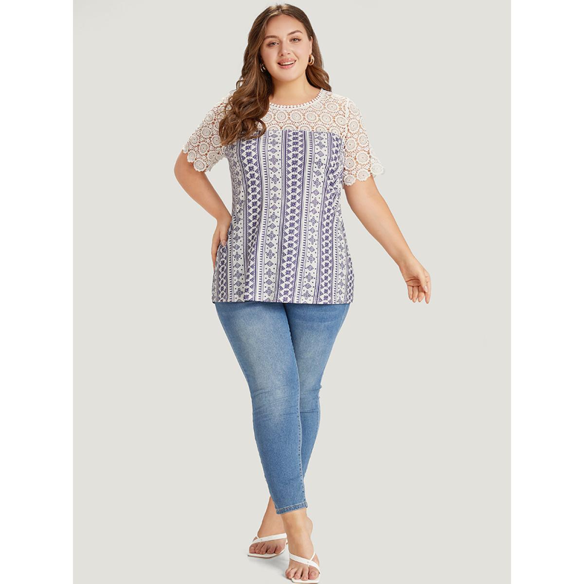 Plus Size Bandana Print Lace Patchwork Pompom Trim T-shirt DarkBlue Women Elegant Lace Bohemian Print Round Neck Dailywear T-shirts BloomChic 12/L Product Image