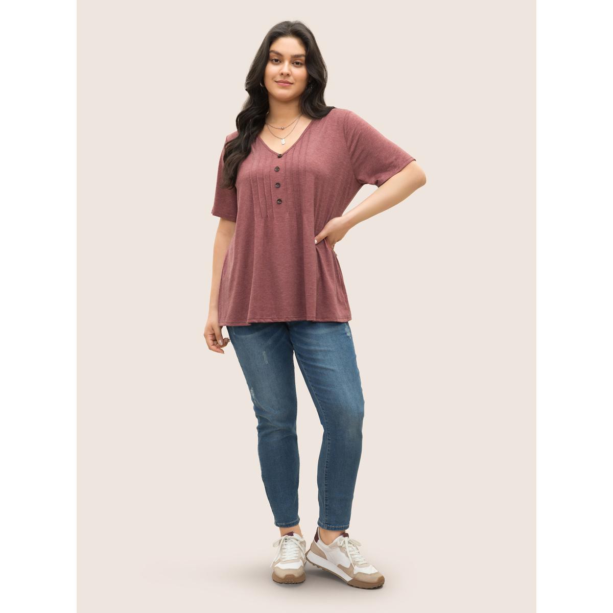 Plus Size Solid Pleated Front Button Detail V Neck T-shirt Russet Women Casual Button Plain Everyday T-shirts BloomChic 14-16/1X Product Image