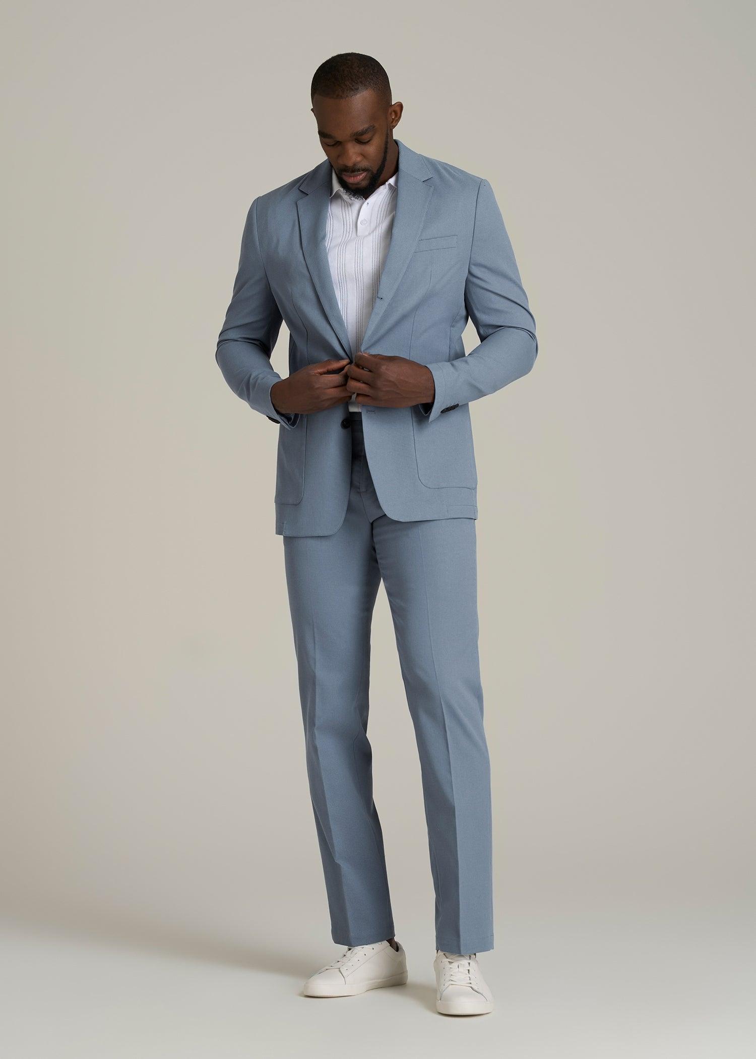 Textured Garment Washed Stretch Cotton Blazer for Tall Men in Chambray Male Product Image
