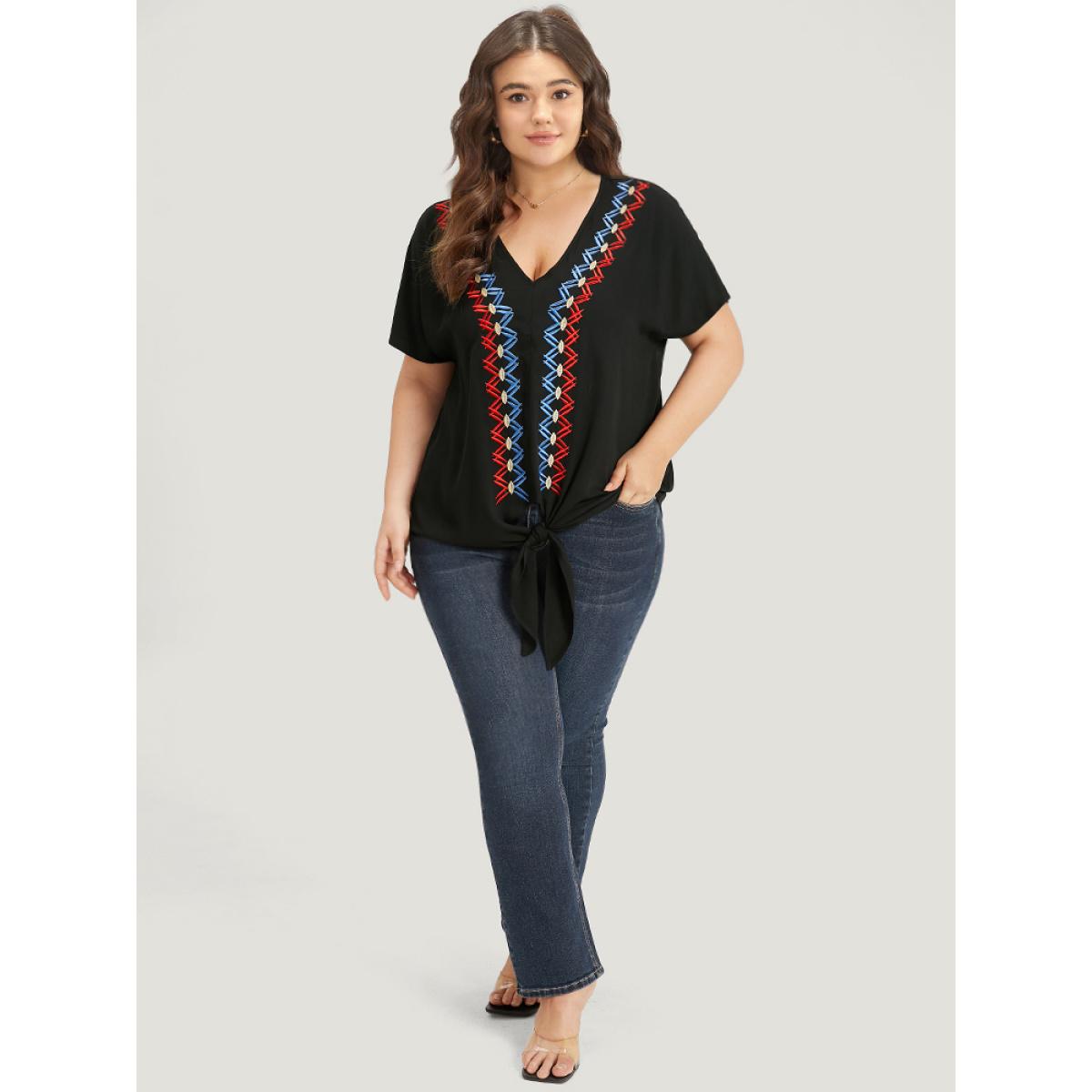 Plus Size Black Contrast Embroidered Twist Front V Neck Blouse Women Vacation Short sleeve V-neck Dailywear Blouses BloomChic 12/L Product Image
