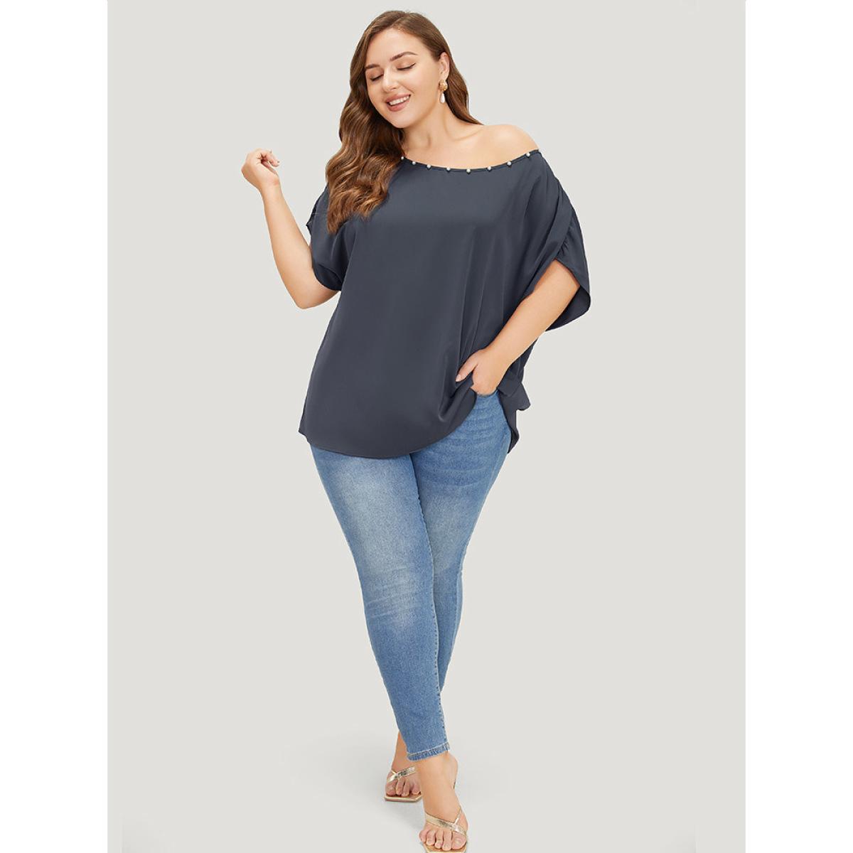 Plus Size Indigo Solid Pearl Beaded Ruched Sleeve Blouse Women Glamour Sleeveless One Shoulder Going out Blouses BloomChic 14-16/1X Product Image