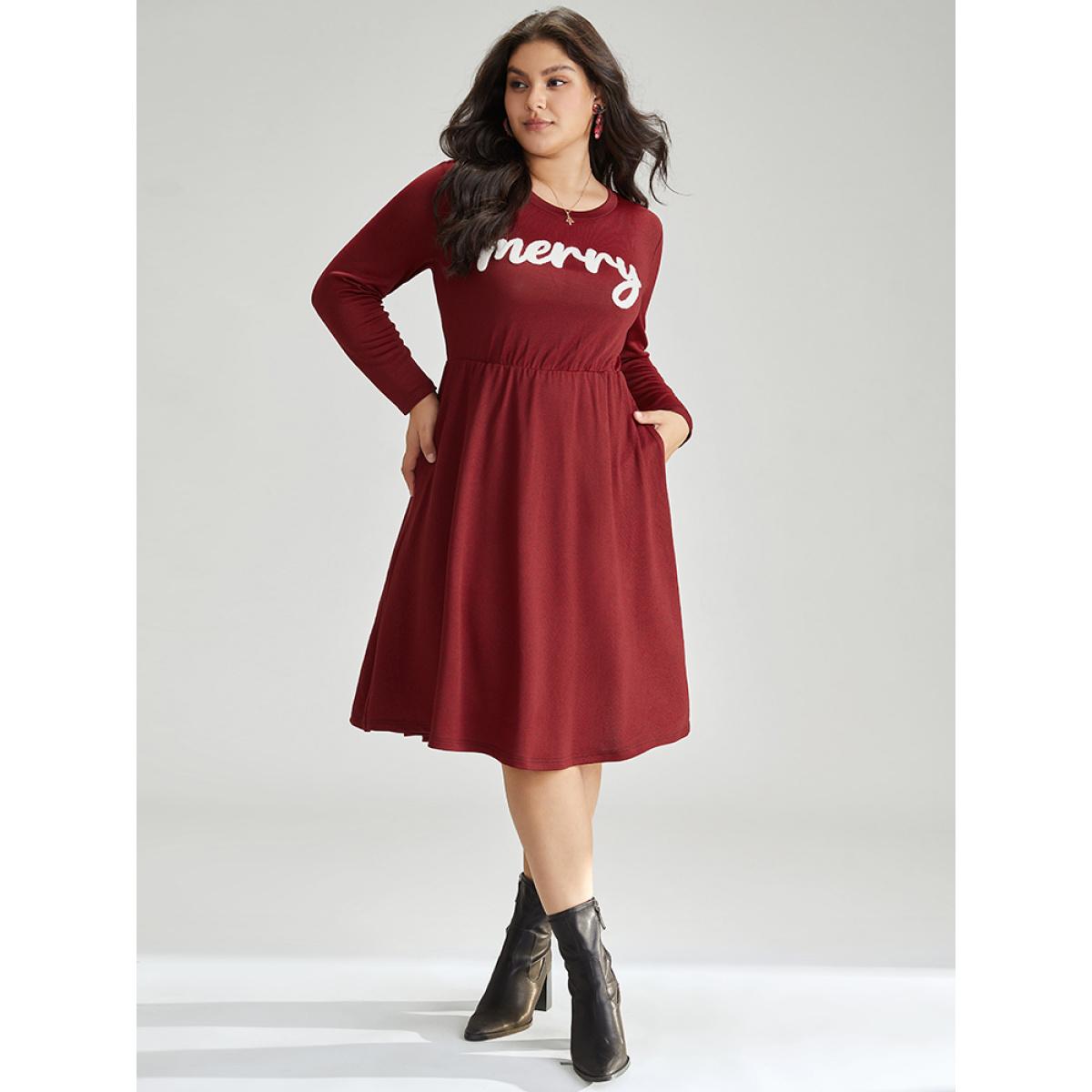 Plus Size Holiday Greetings Embroidered Pocket Elastic Waist Dress Scarlet Women Elegant Embroidered Round Neck Long Sleeve Curvy Midi Dress BloomChic 30/6X Product Image