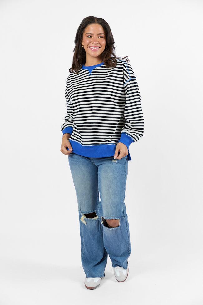 On A Dime Black and Blue Striped Sweatshirt FINAL SALE Product Image