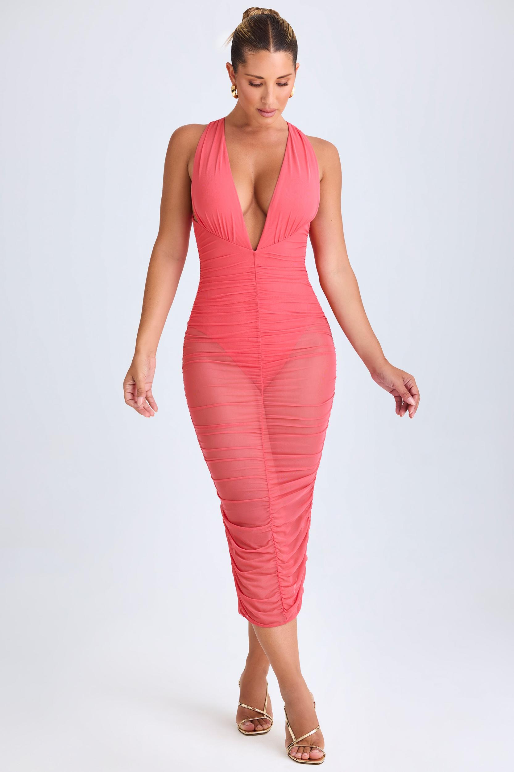 Ruched Plunge Midaxi Dress in Coral Female Product Image